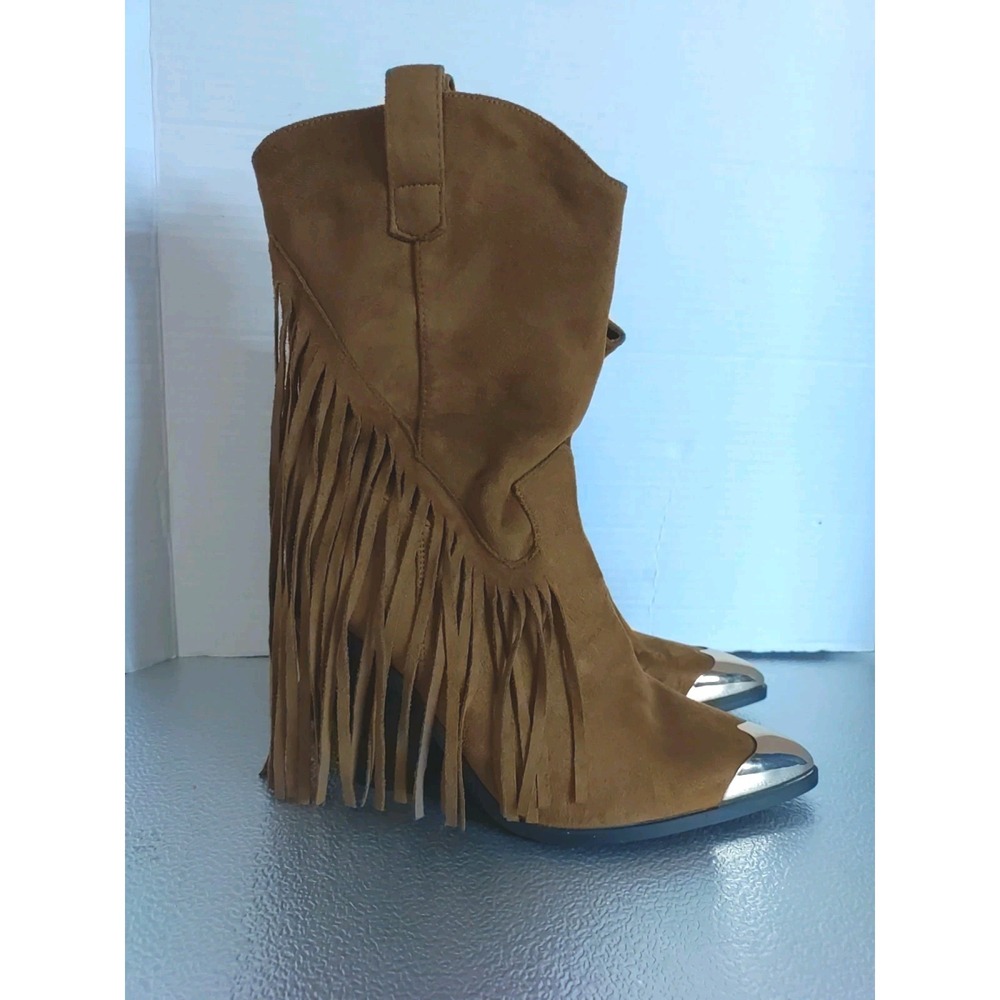 Women's Golden Brown Faux Suede Fringe Gold Tip Block Heel Boots Size 9.5(40)